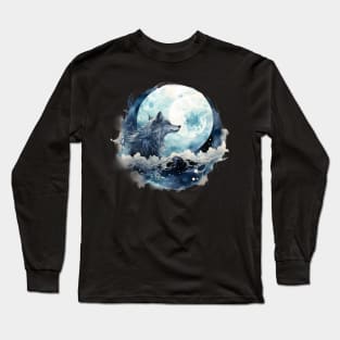 Wolf looking at full moon Long Sleeve T-Shirt